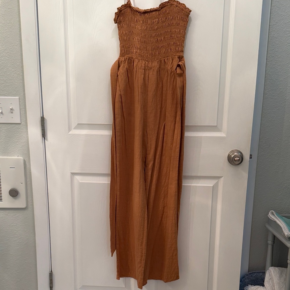Lalavon Women’s Strapless Smocked Jumpsuit Dress - Rust Brown
